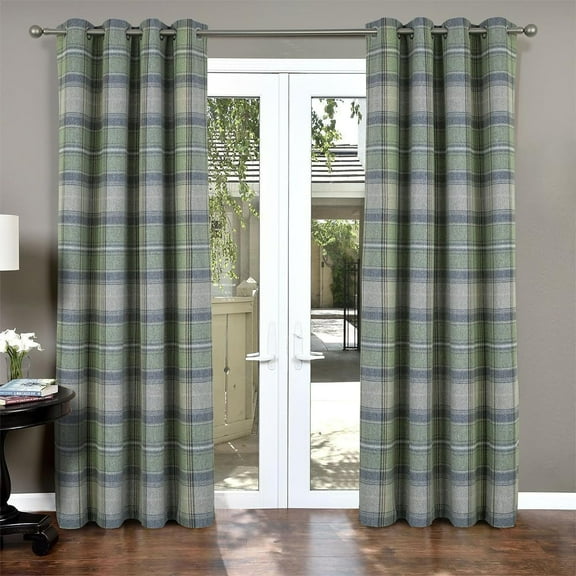 100% Blackout Plaid Curtains Modern Window Panels Green Checkered Tartan Curtains for Living Room Bedroom Green 26"W x 54"L (Pack of 2)