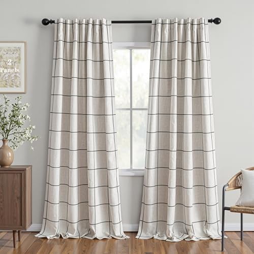 100% Blackout Plaid Farmhouse Linen Curtains 108 Inch Long for Living Room Double Layer Windowpane Drapes Thermal Insulated Privacy Protection Rod Pocket Back Tab, 2 Panels, 52" W, Black