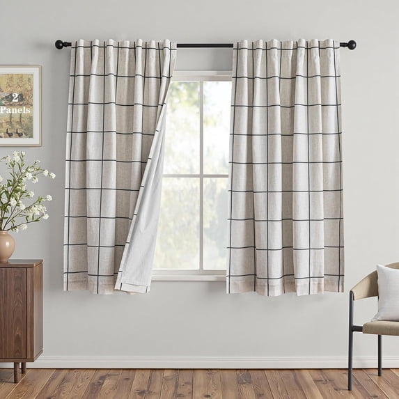 100% Blackout Plaid Linen Curtains 63 Inches Long Double Layer Farmhouse Thermal Insulated Checkered Print Drapes with Rod Pocket Back Tab for Bedroom Living Room, 2 Panels, 52"Wide, Black