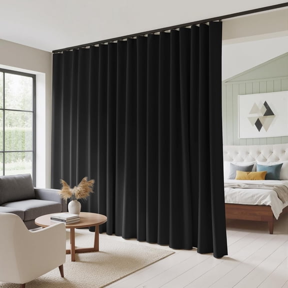 100% Blackout Room Divider Curtain for Sliding Glass Doors | Extra Wide, Thermal Insulated Drape for Bedroom Apartment, Back Tab Rod Pocket Drape with Hooks, Black, W100 x L84, 1 Panel