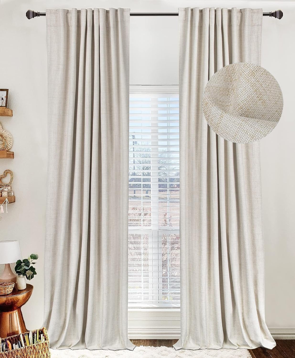 100% Blackout Shield Linen Curtains for Bedroom 84 Inches Long Back Tab/Rod Pocket Living Room Drapes Thermal Insulated 2 Panels Set 50" W x 84" L Cream