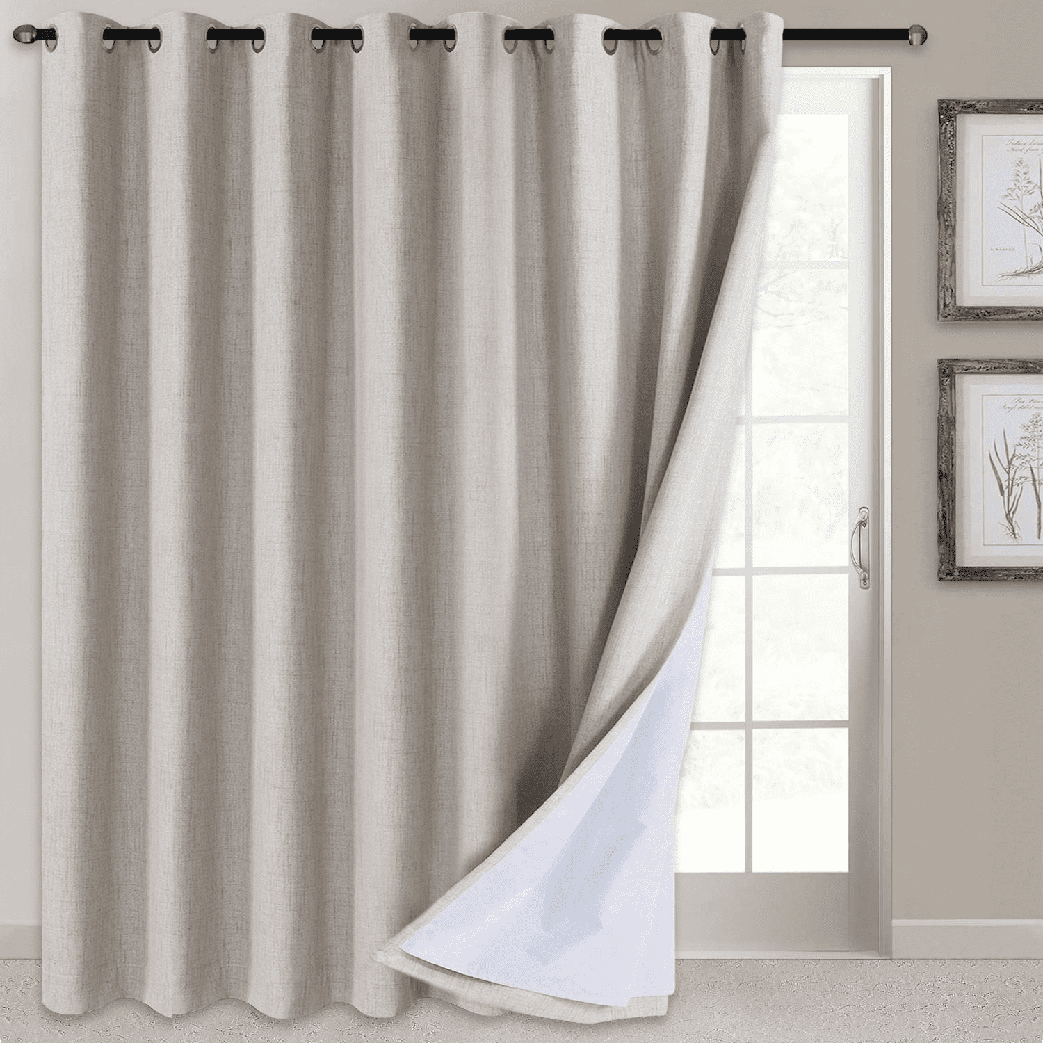 100 Blackout Shield Sliding Door Curtains Linen Textured Look Grommet Curtains with Blackout