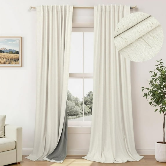 100% Blackout Thermal Curtains 98 Length 2 Panels Set for Bedroom Closet Room Divider Faux Linen Windows Rod Pocket Pleated Drapes Modern Farmhouse Living Room Darkening Curtains 98 Inches Long Cream