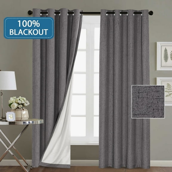 PrimeBeau 100% Blackout Waterproof Linen Thermal Insulated Grommet Curtains, 52" x 108" Inch, Grey