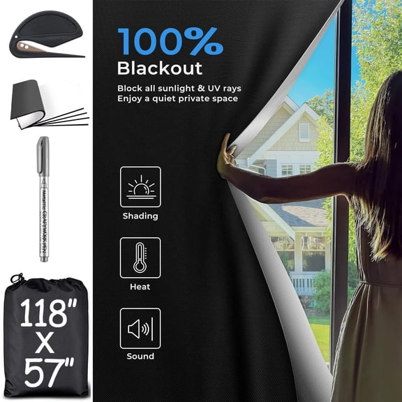 Asunby Home Blackout Window Cover, 118" x 57" , Portable Blackout Curtains with Strong Hook and Loop Tapes, Temporary for Baby Nursery, Bedroom, Travel, Cars