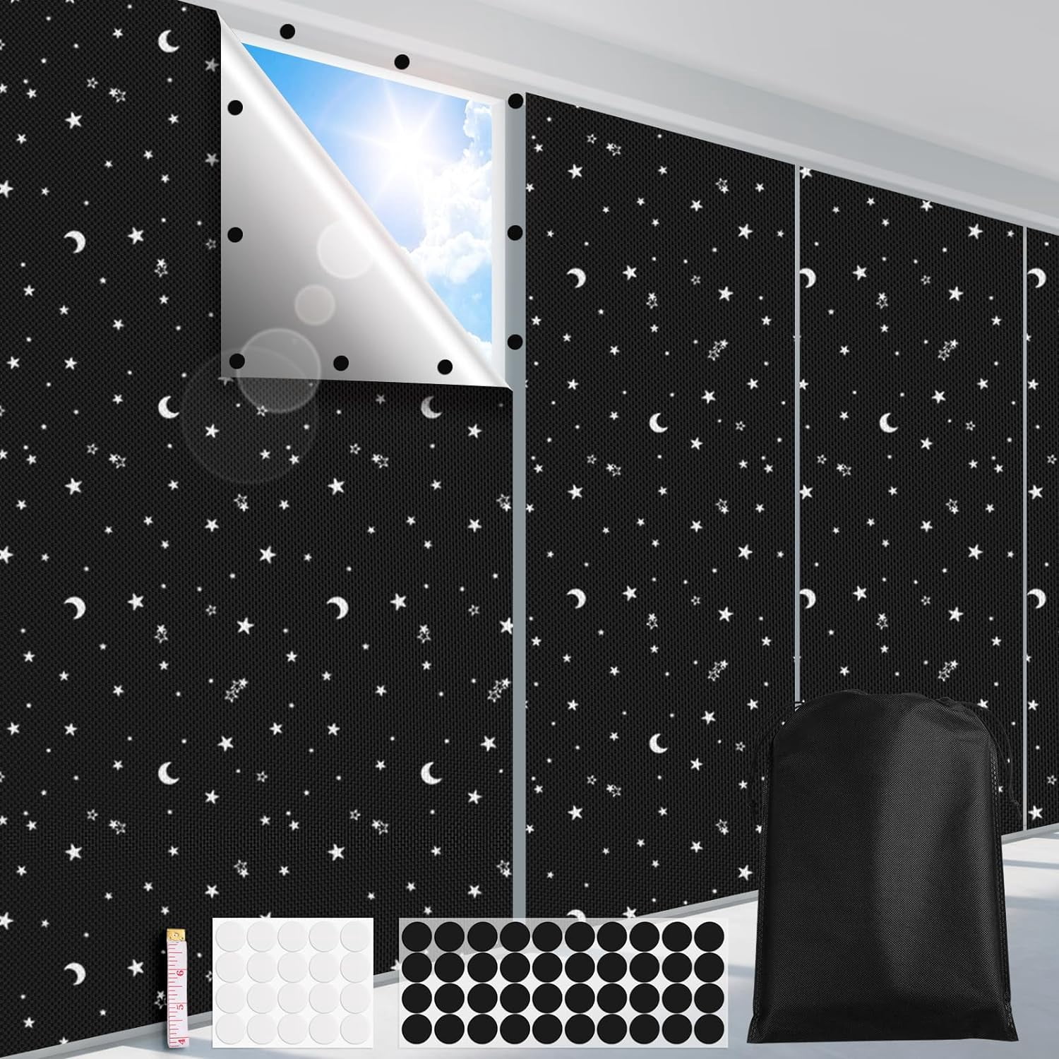 100% Blackout Window Cover Film, Portable Black Out Curtains for Bedroom, Cuttable Blackout Shades Fabric Sheet, No Drill Window Blinds, Sun Heat Light Blocker for Travel Media Dorm, 57'' W