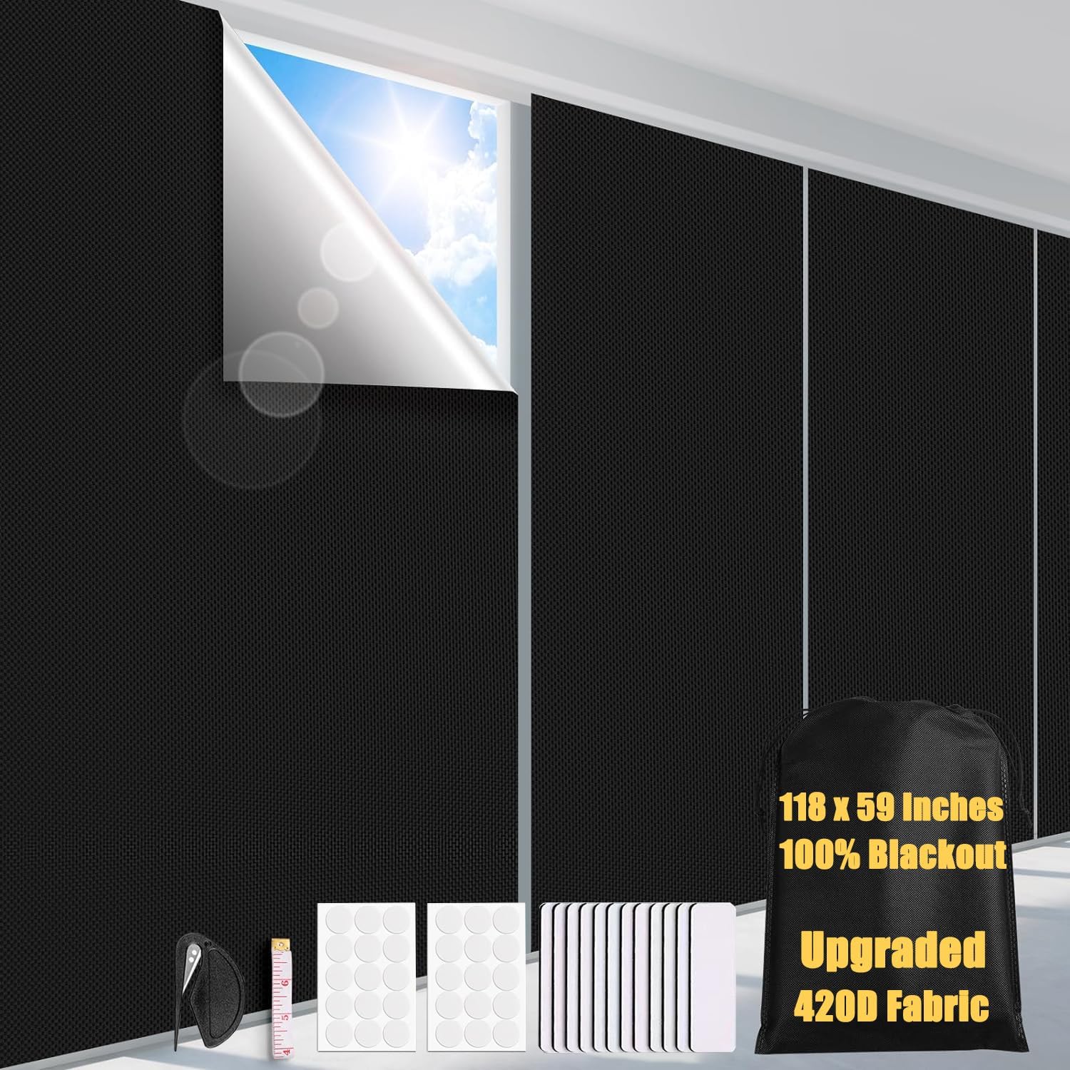 100 Blackout Window Cover No Drill, 118" x 59" Travel Blackout Curtains for Baby, Removable DIY