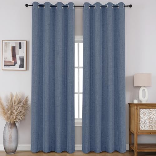100% Blackout Window Curtains 72 inches Long 2 Panels Set, Faux Linen Look Thermal Insulated Grommet Drapes, Room Darkening Curtain for Bedroom Living Room(W52 x L72 Inch, Sky Blue)