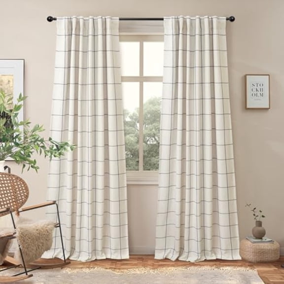 100 Blackout Windowpane Plaid Linen Curtains Double Layer Farmhouse Drapes 84 Inches Long for Living Room Bedroom Yarn Dyed Woven Thermal Insulated Rod Pocket Back Tab 2 Panels Black
