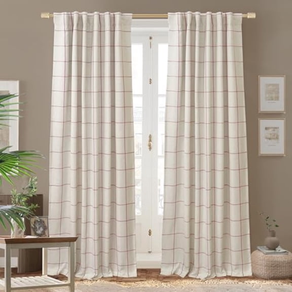 100 Blackout Windowpane Plaid Linen Curtains Double Layer Farmhouse Drapes 84 Inches Long for Living Room Bedroom Yarn Dyed Woven Thermal Insulated Rod Pocket Back Tab 2 Panels Red
