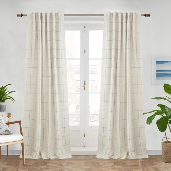 100% Blackout Windowpane Plaid Linen Curtains Double Layer Farmhouse Drapes 84 Inches Long for Living Room Bedroom Yarn Dyed Woven Thermal Insulated Rod Pocket Back Tab 2 Panels Taupe
