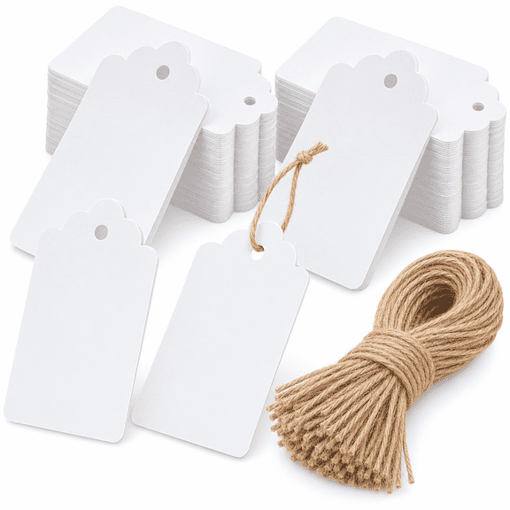 100 Pack Large Gift Tags with String, 1.8x3.7 Inch Blank White Price Tags with Natural Jute Twine, Wavy Edge Design for Wedding Favors, Birthday, Christmas, Holiday Gift Wrapping