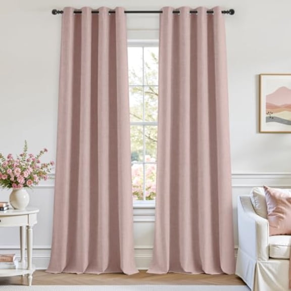 100% Blush Pink Linen Blackout Curtains for Bedroom 52 x 96 Inch Length 2 Panels Faux Linen Thermal Insulated Black Out Grommet Window Drapes for Living Preppy Room Decor Nursery