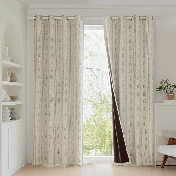100% Boho Blackout Curtains for Bedroom, Green on Beige Patterned Bohemian Curtains for Living Room, Geometric Striped Thermal Insulated Window Drapes Gromment Top 26"W x 54"L (Pack of 2)