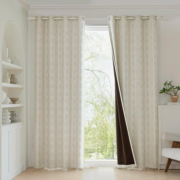 100% Boho Blackout Curtains for Bedroom, Taupe on Beige Patterned Bohemian Curtains for Living Room, Geometric Striped Thermal Insulated Window Drapes Gromment Top 42"W x 96"L (Pack of 2)