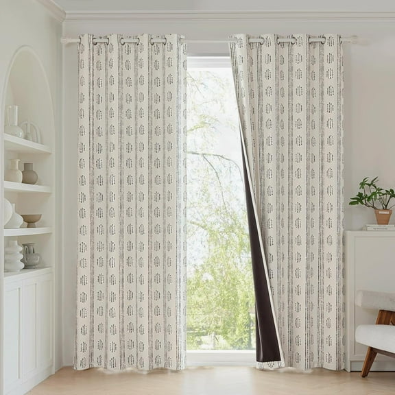 100% Boho Blackout Curtains Long for Bedroom, Black on Beige Patterned Bohemian Curtains for Living Room, Geometric Striped Thermal Insulated Window Drapes Gromment Top 26"W x 63"L (Pack of 2)
