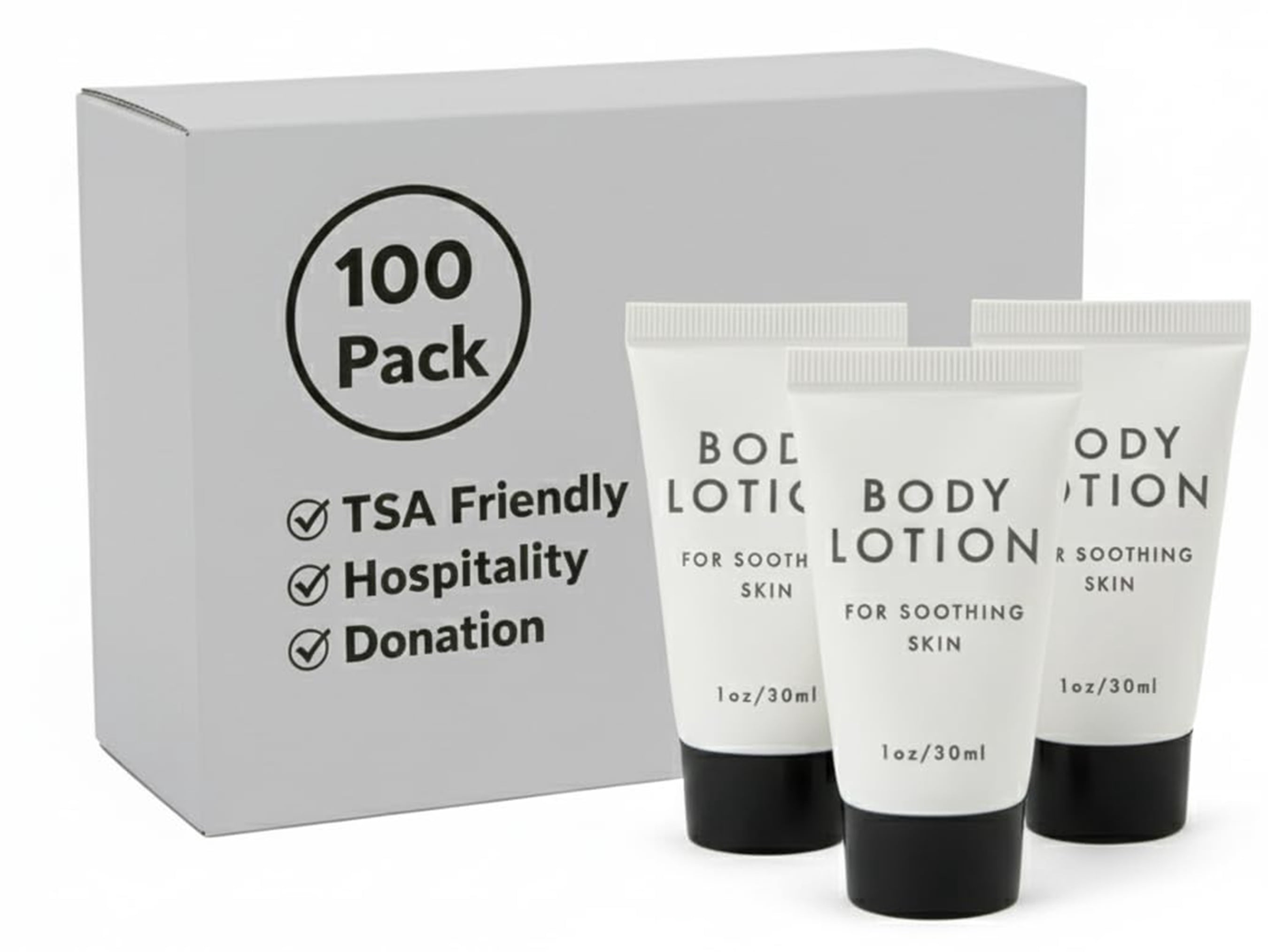 100 Bottles 1 oz. (1 Ounce) Body Lotion for Daily Use, Skin Therapy, Moisturizer, Dry Skin, Travel, Hospitality, Hotel, Charity, Donation