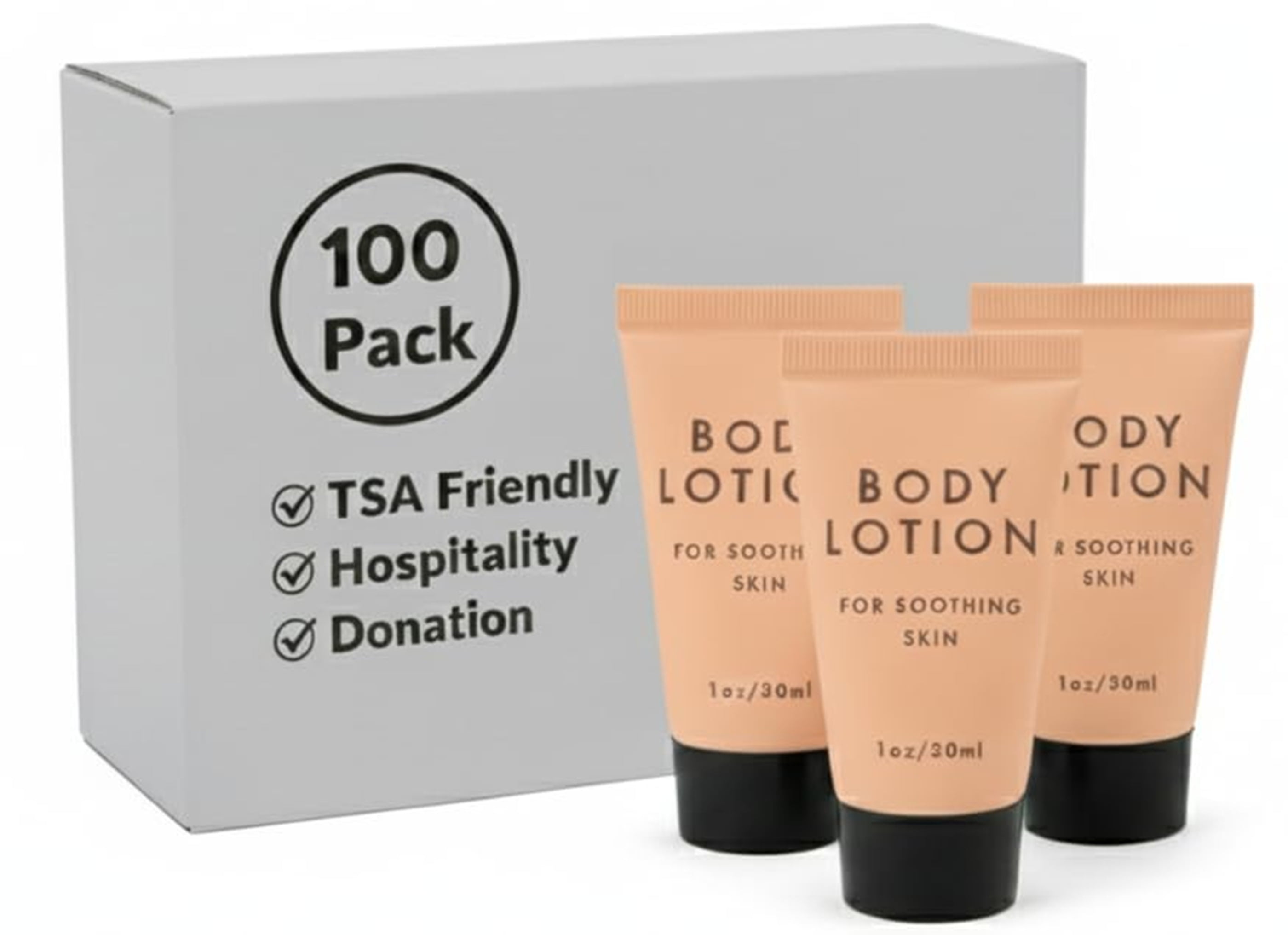 100 Bottles 1 oz. (1 Ounce) Body Lotion for Daily Use, Skin Therapy, Moisturizer, Dry Skin, Travel, Hospitality, Hotel, Charity, Donation