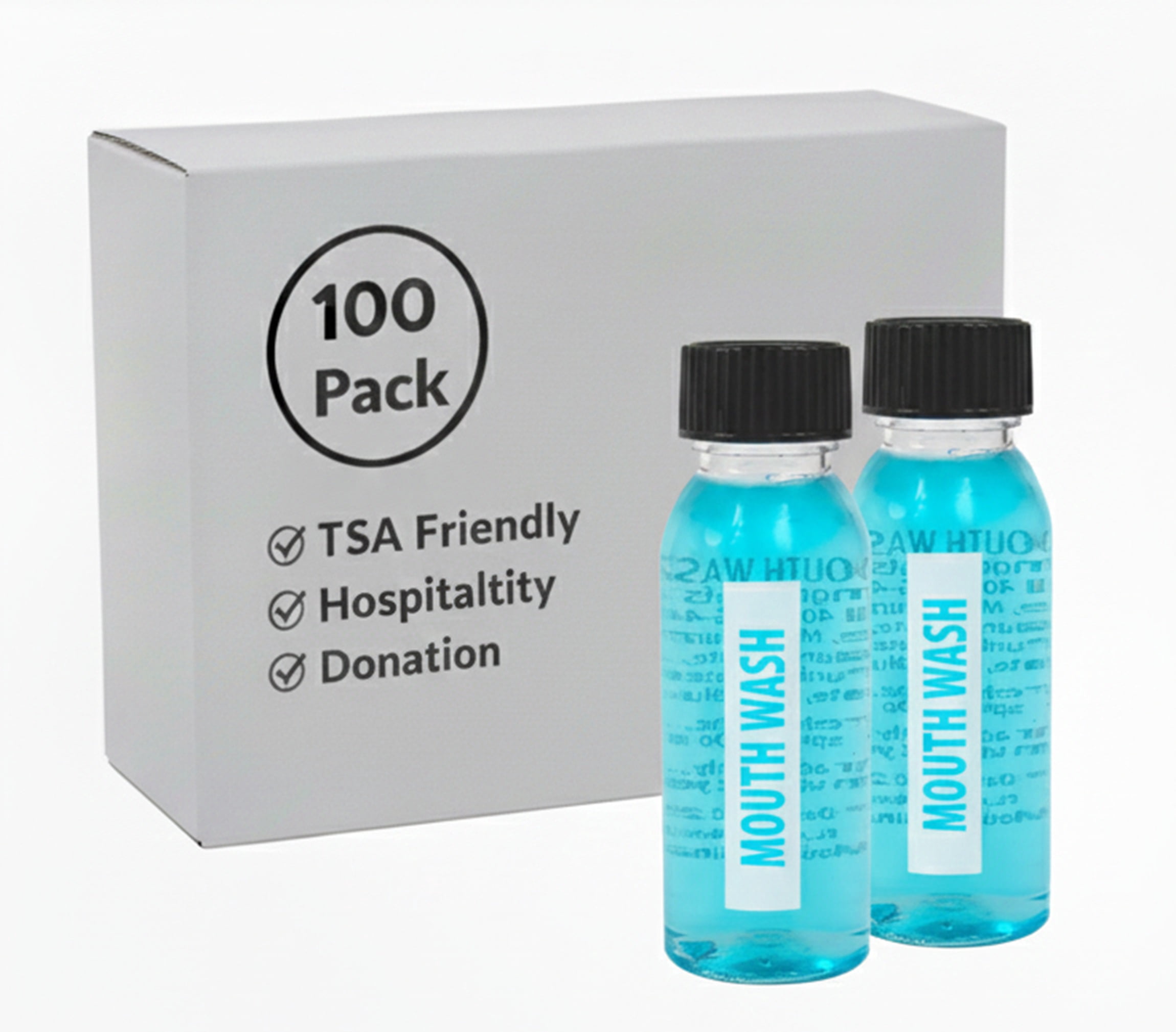 100 Bottles 1 oz. (1 Ounce) Mouth Wash for Dental Hygiene, Oral Care, Cavity Prevention, Hospitality, Hotel, Charity, Donation Drives