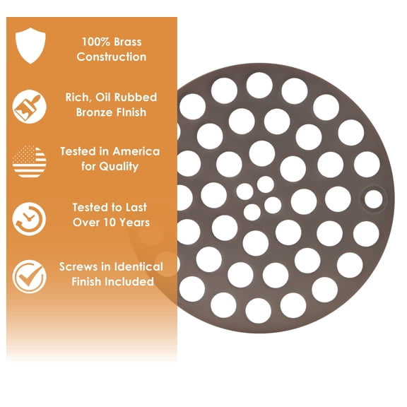 100% Brass - 4 Inch Round Shower Grate - Oil Rubbed Bronze Finish - Replacement Cover - 2x Thickness - Designed by a Handyman - VHI - Machine + Tapping Screws Included