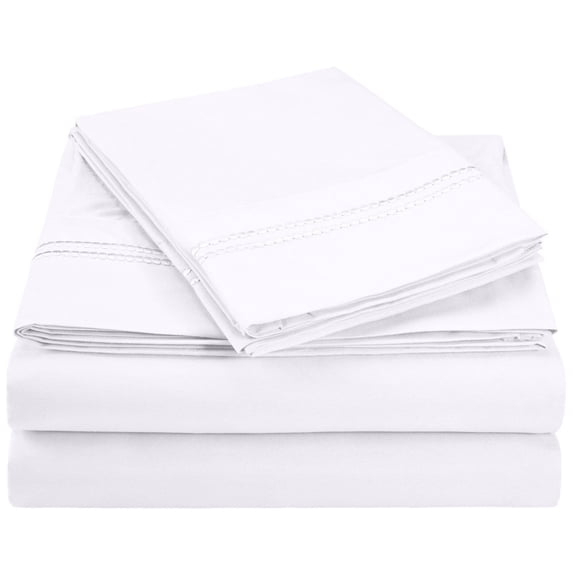 100% Brushed Microfiber Wrinkle Resistant 2-Line Embroidery Sheet Set White / Queen