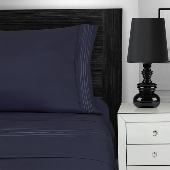 100% Brushed Microfiber Wrinkle Resistant 5-Line Embroidery Sheet Set Navy Blue / Cal King
