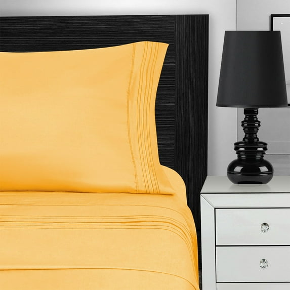 100% Brushed Microfiber Wrinkle Resistant 5-Line Embroidery Sheet Set Yellow / Twin XL