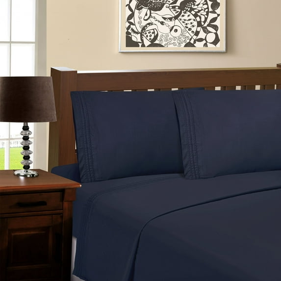100% Brushed Microfiber Wrinkle Resistant Embroidered Sheet Set Navy Blue / Full