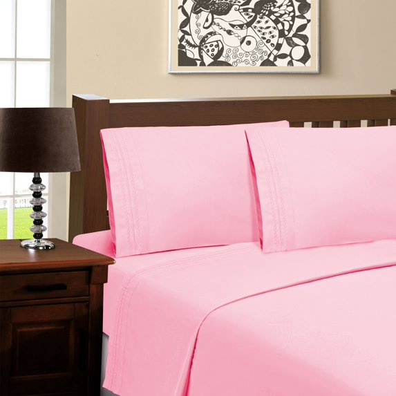 100% Brushed Microfiber Wrinkle Resistant Embroidered Sheet Set Pink / Queen
