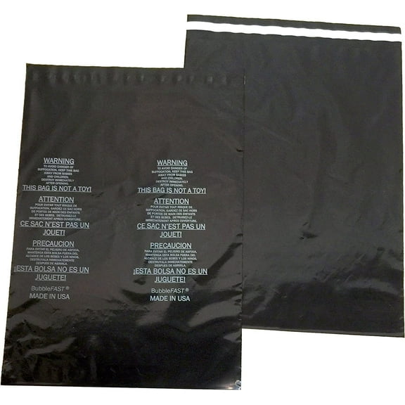 100 Bubblefast Brand 12" x 16" 2.0 mil Opaque Black Poly Bags Self-Seal Suffocation Warning for Sexual Wellness Items