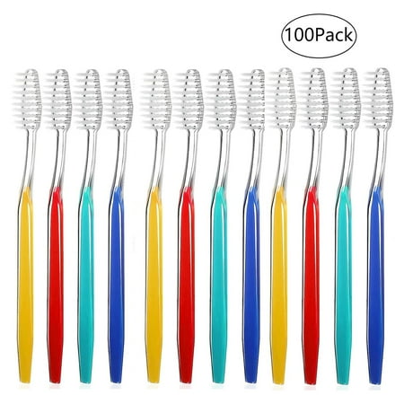 100 Bulk Disposable Toothbrush Pack Individually Wrapped Tooth Brushes Perfect for Travel, Giveaways, Care Packages, Hotels Standard Medium Soft Bristles-4 Colors