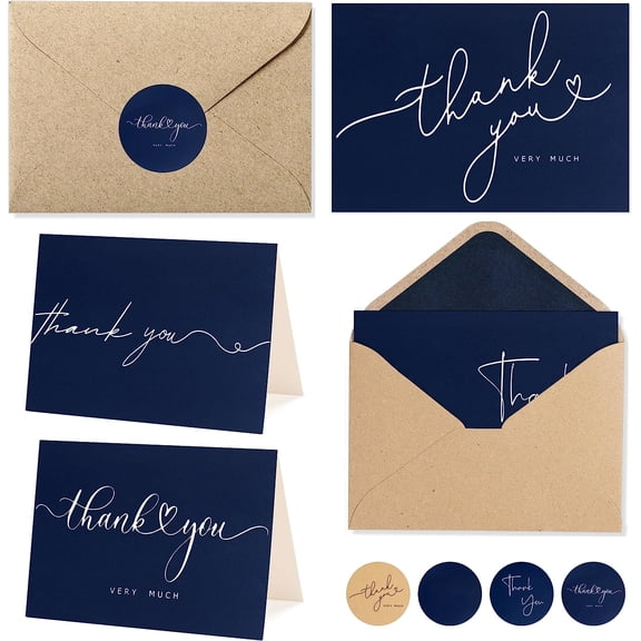 100 Bulk Navy Thank You Cards with Kraft Envelopes and stickers - 4 Minimalistic Designs Blank Notes Matt for business Wedding Bridal Gift Baby Shower Business Graduation