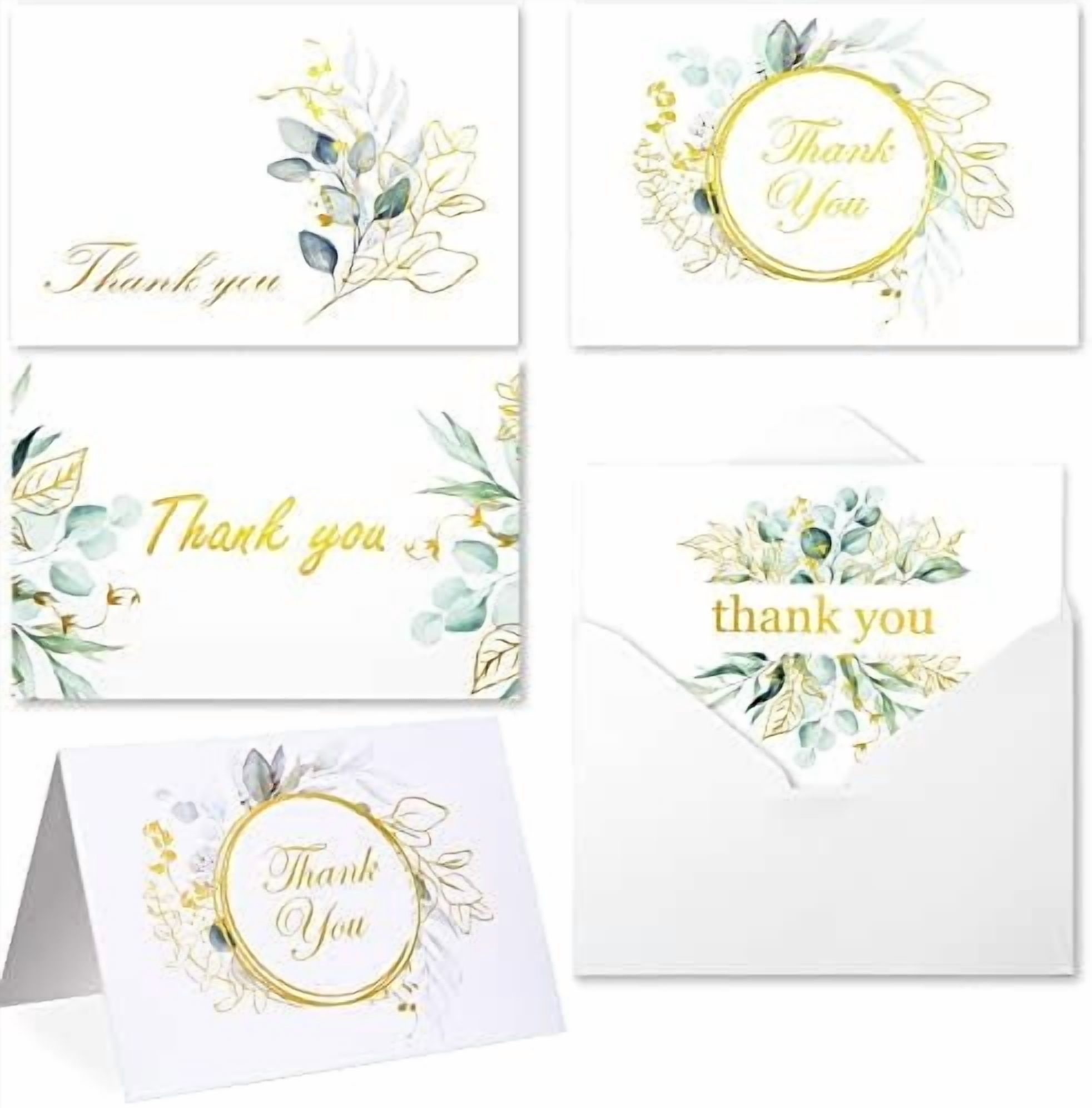 100 Bulk Thank You Cards with Envelopes White and Greenery Gold Foil ...