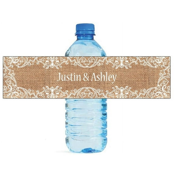 100 Burlap and Fancy Lace Frame Wedding Birthday Party Water Bottle Labels 8"x2"