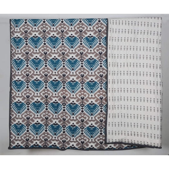 100% COTTON HAND PRINTED GREY AND BLUE TRIBAL QUILT AND 2 SHAMS