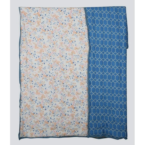 100% COTTON HAND PRINTED PINK,BLUE AND ORANGE BABY'S BREATH FLORAL QUILT WITH 2 SHAMS