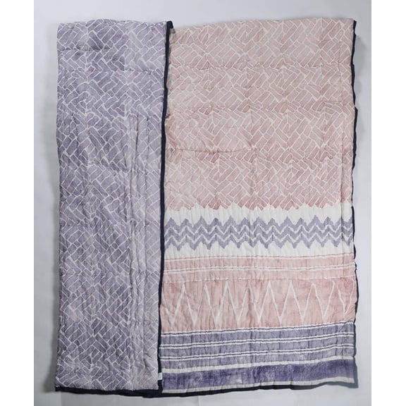 100% COTTON HAND PRINTED RED AND PURPLE STRIPPED QUILT WITH 2 SHAMS