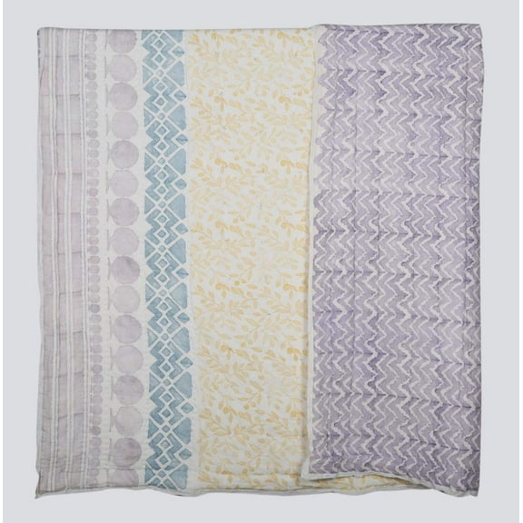 TGHome 100% Cotton Hand Printed Yellow and Purple Quilt, 90" x 108"