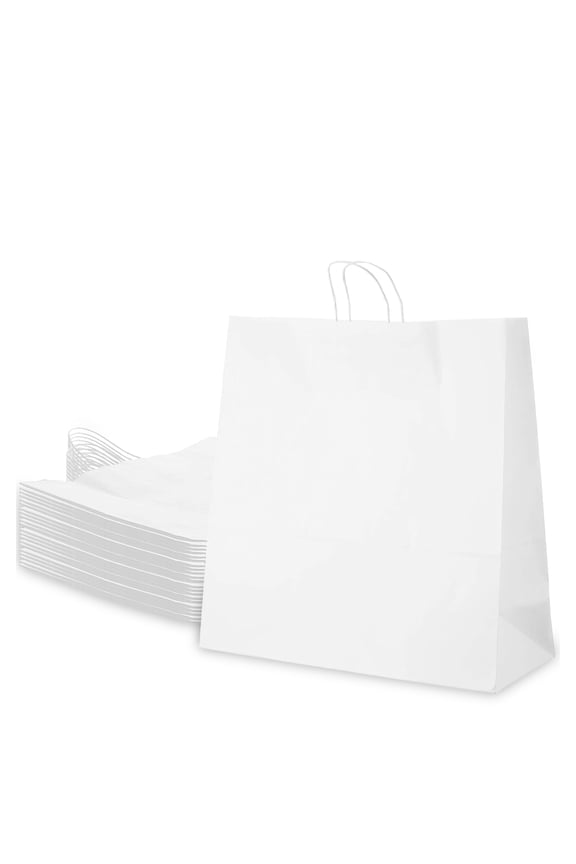 100 COUNT 13x7x17 inches Large White Kraft Paper Bags with Handles, Shopping, Gift Bags, Party, Retail, Merchandise, Lunch Bags, Grocery Bags, Strong, Reusable, Durable, Ecofriendly by EcoQuality