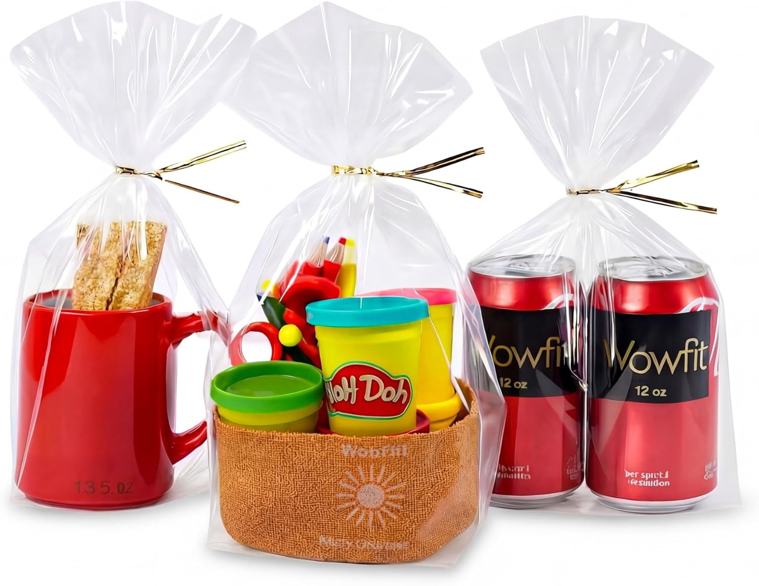 100 CT 8x12 Inch Clear Flat Cellophane Treat Bags with 6” Gold Twist Ties, Cello Packaging for Mugs, Dessert, Muffins, Party Favors and Gift Wrapping