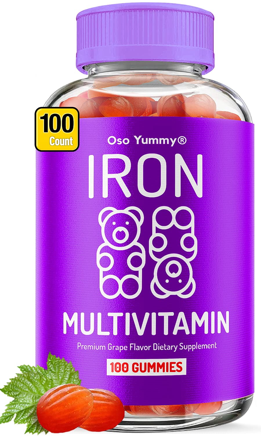 (100 CT) Iron Gummies for Adults & Kids Multivitamin with Iron Vitamin