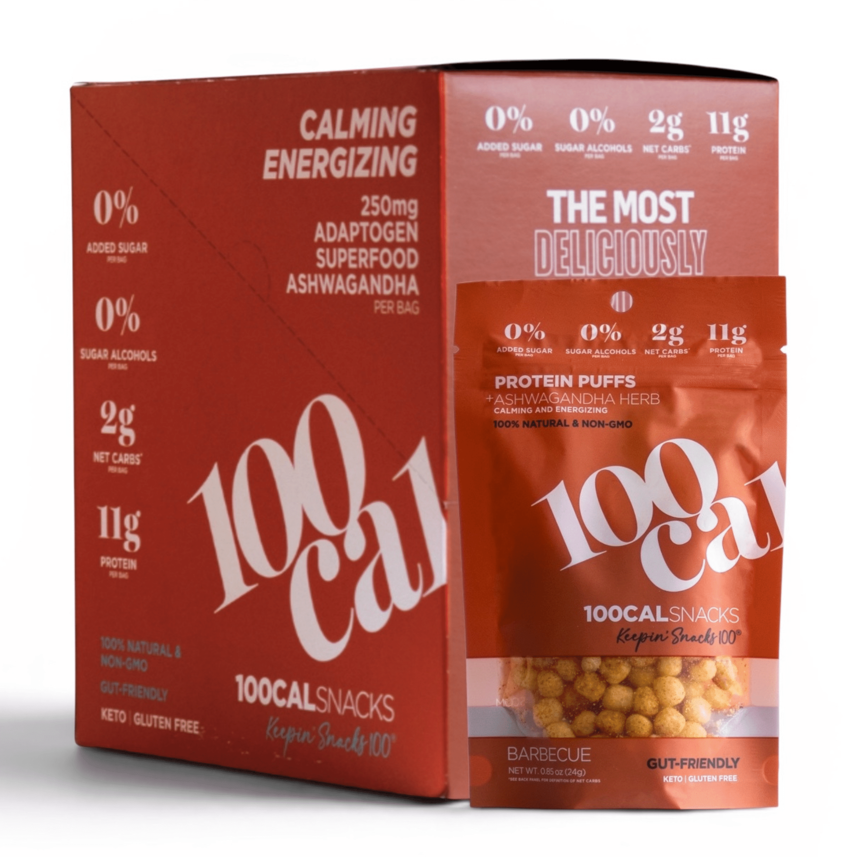 100 Cal Snacks Protein Puffs BBQ, High Protein Low Carb Snack, Gut Healthy, Gluten Free, 0.84 oz bag, 5 bags
