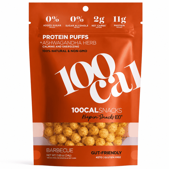 100 Cal Snacks Protein Puffs BBQ, High Protein Low Carb Snack, Gut Healthy, Gluten Free, 0.84 oz bag