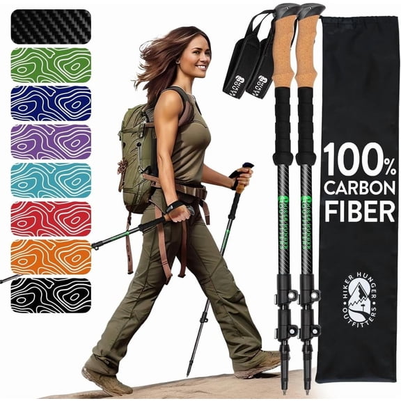 100% Carbon Fiber Trekking Poles by USA Brand - Ultra Strong Lightweight Collapsible Hiking with Cork and EVA Foam Grips & Quick Adjustable Flip Locks
