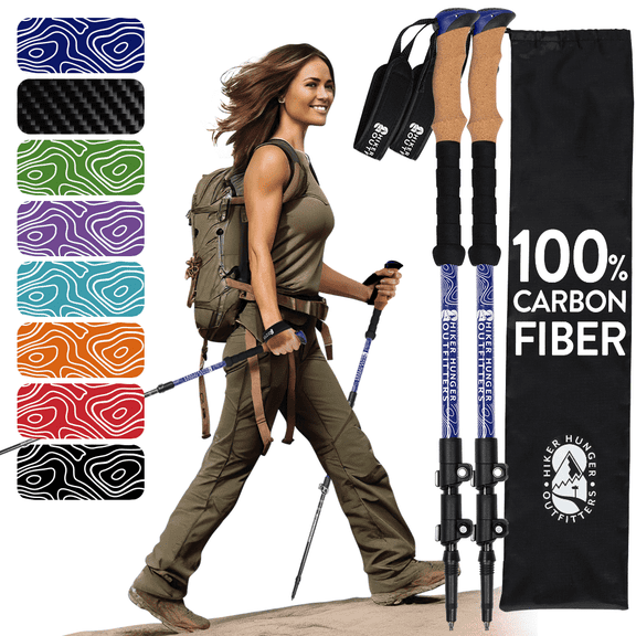 100% Carbon Fiber Trekking Poles by USA Brand - Ultra Strong Lightweight Collapsible Hiking Poles with Cork and EVA Foam Grips & Quick Adjustable Flip Locks