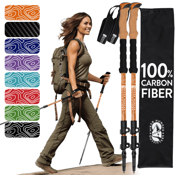 100% Carbon Fiber Trekking Poles by USA Brand - Ultra Strong Lightweight Collapsible Hiking Poles with Cork and EVA Foam Grips & Quick Adjustable Flip Locks