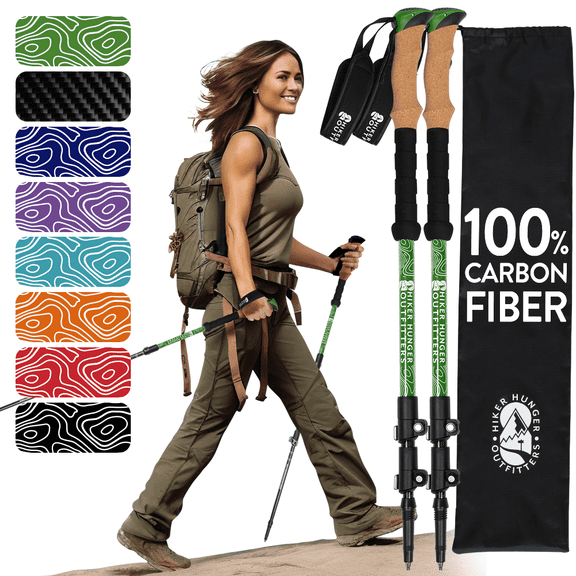 100% Carbon Fiber Trekking Poles by USA Brand - Ultra Strong Lightweight Collapsible Hiking Poles with Cork and EVA Foam Grips & Quick Adjustable Flip Locks