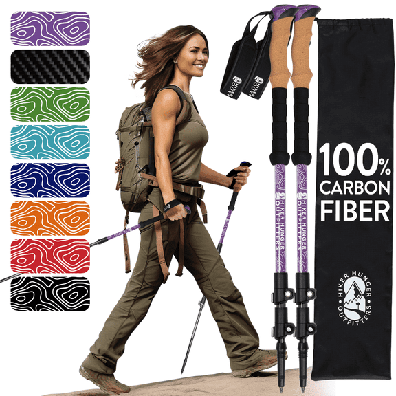 100% Carbon Fiber Trekking Poles by USA Brand - Ultra Strong Lightweight Collapsible Hiking Poles with Cork and EVA Foam Grips & Quick Adjustable Flip Locks