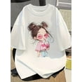 thumbnail image 1 of 100% Cartoon Cute Printed Short Sleeve Round Neck T-Shirt, Summer New, Loose Fit, for Women, 1 of 6