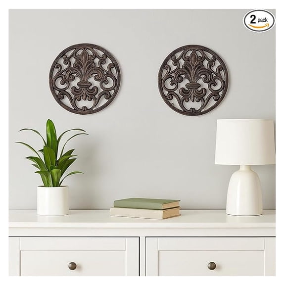 ,100% Cast Iron Circle Fleur de lis Trivet or Wall Decoration, Beautiful Intricate Design (2 Pc)